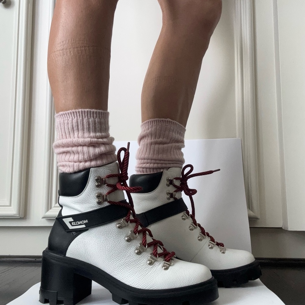 Moncler Women's White and Black Combat Boots with Red Laces